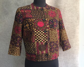 60's Vintage Cropped Jacket, Tiki Tribal Novelty Print, Cropped Jacket, Cotton