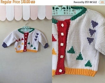 20% off SALE vintage baby's cardigan - TRIANGLES hand knit cotton sweater / 12-18M