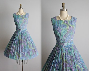 50's Dress // Vintage 1950's L'Aiglon Purple Blue Paisley Print Print Full Garden Party Dress S