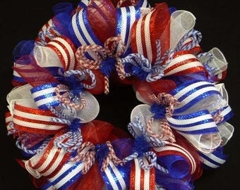 10% OFF RWB Patriotic Wreaths 22", Memorial or Labor Day, Veterans Day, Poly Mesh Wreath, Deco Mesh, Double Doors (1359)