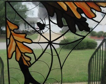 Stained Glass Autumn leaves and Spider web corner sun catcher