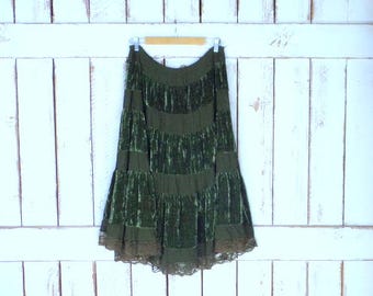 90s green velour velvet/sheer lace netting prairie ruffle midi skirt/boho/gypsy festival skirt/velvet tiered prairie skirt
