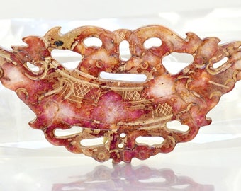 Large Carved Rose Bengal Jade, Charm Jade Pendant Rare Dragon Carved Jade bead, Charm Flower jade pendant, Pendant Double Face 135mmx62mm
