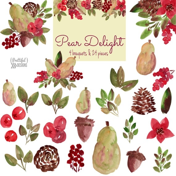 Pear and Berries Watercolor Flower Clip Art Commercial Use Autumn Winter Christmas Water Color Floral Clipart Il_570xn