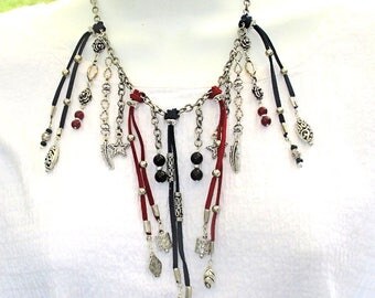 Fringe Bib Necklace Gemstone Glass Metal Bead Feather Star Charms Microfiber Suede Cord Red Blue Silver Gypsy Style Trendy Jewelry 19-24in