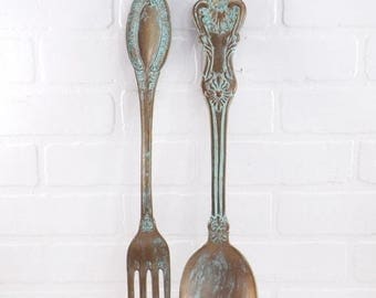 ON SALE Ex large Fork and Spoon Wall Decor / Shabby Chic / Rustic / Kitchen Wall Decor /Patina