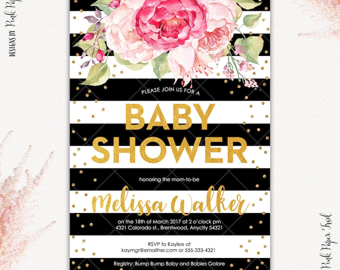 Floral Pink Black and Gold Fabulous Floral Glam Bridal Shower Bachelorette Party Printable Invitation