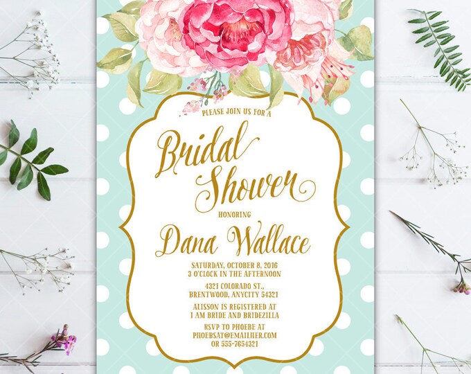 Sweet Pink Floral and Mint Polka Dots Bridal Shower Printable Invitation, Pink and Mint Invitation, Peony Invitation, Polka Dot Invitation