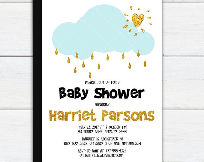 Rain Cloud Baby Sprinkle Baby Shower, Cute Boy Baby Shower Invite Gold and Blue, Scandinavian Style Printable Invitation