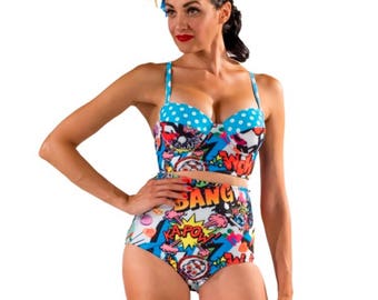 ON SALE High Waist Bikini, Blue Polka Dot, Plus Size Fashion, Summer Outdoors, Pin Up Swimwear, Bustier Halter Bikini, Pop Art Comic Strip