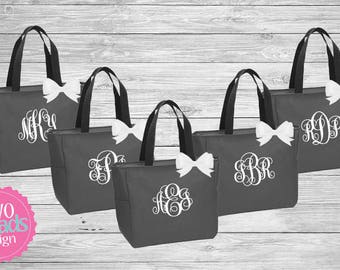 Zipper Bridesmaid Totes Set of 7 , Bridesmaid Gifts, Charcoal Totes, Gray Totes, Bridal Party Gift, Bridesmaid Tote Bag, emroidered Tote