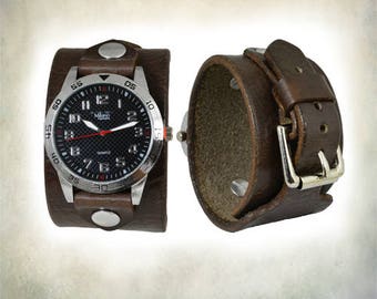 Dark Brown Leather Cuff Watch; Wrap Around Cuff