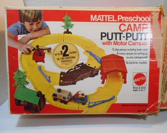 Camp Putt Putt Mattel Preschool Self Propelled RV Camper ATV Boat Crane Switch Gates Toy Track with Box 1973