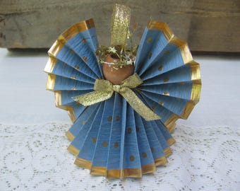 Blue and Gold Angel / Christmas Ornament / Cornflower Blue / Gold Polka Dot Paper Ribbon Angel / Gift for Angel Lover / Paper Angel / Blue
