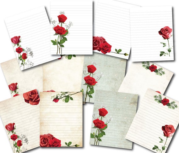 Red Roses Digital Paper Stationery Paper Printable Stationary