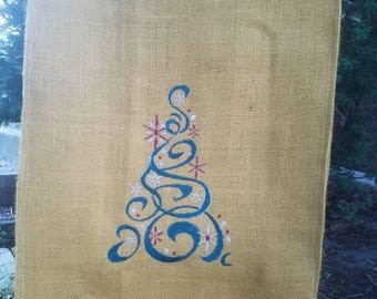 Christmas burlap garden flag - embroidered filigree tree
