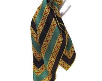 60s Print Scarf, Green Brown Yellow Scarf, Small Square Scarf, Square Head Scarf 1960s Neck Scarf, Square Neckerchief