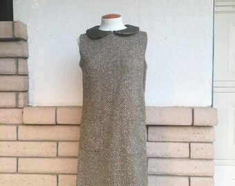 60s Tweed Shift Dress With Leather Peter Pan Collar M-L