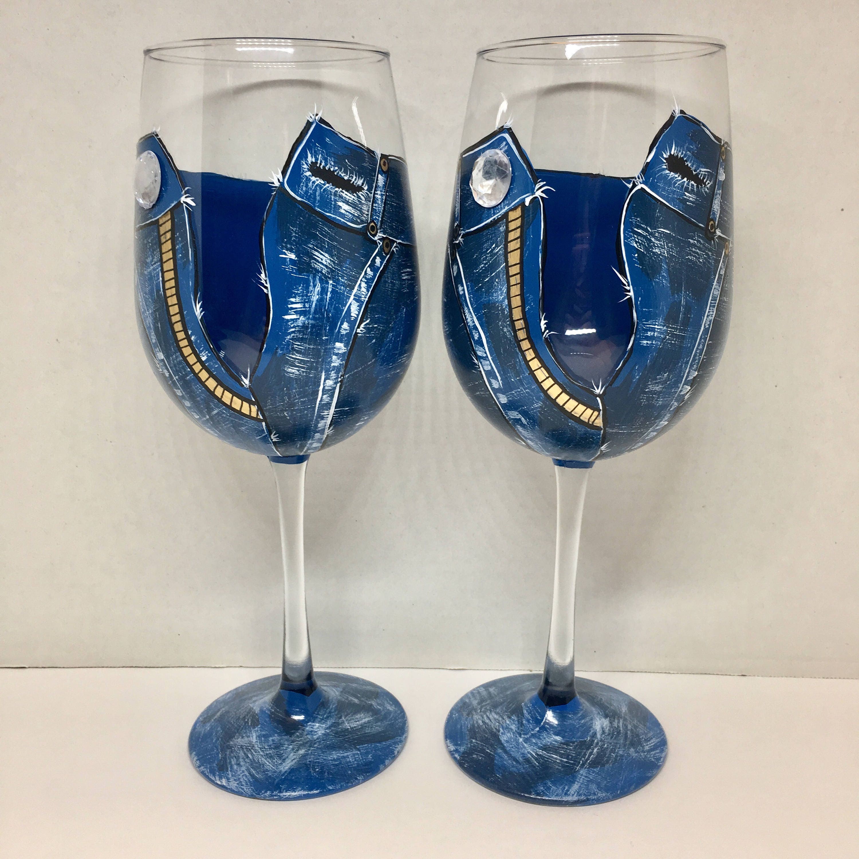 Diamonds and Denim hand painted wine glasses