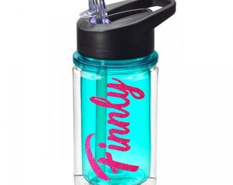 Kids Water Bottle/Personalized Name/10 oz./Sports style Bottle with flip-up sipper straw lid/Colors-Glitter Choices/Custom Gift/Party Favors