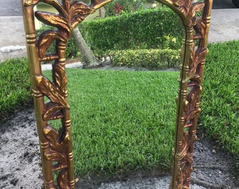 POWER SERGE / Stunning And Large Almost 4 Ft. Tall Gold Serge Roche Style Wall Mirror / Palm & Faux Bamboo Detailing / Hollywood Regency