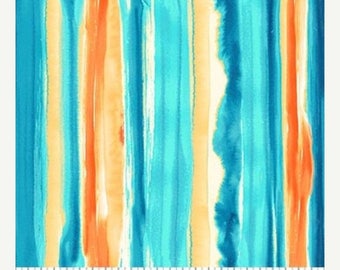 12% off thru July OCEAN TIDES Northcott by the yard cotton quilt fabric watercolor stripes aqua orange white yellow 21521-44