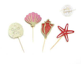 Sea shells, sand dollar, starfish, scallop, conch shell, ocean, sea, cupcake topper,glitter cupcake topper, birthday, shower. Sets of 12