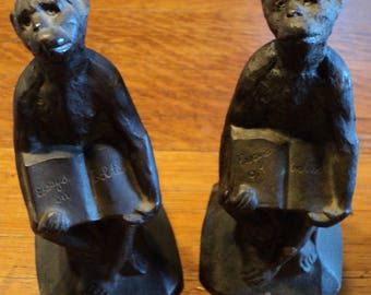 SUMMER SALE 40% OFF! Historical Cast Iron Monkey Bookends Holding "Essays on Evolution" - Howe Foundry Chicago