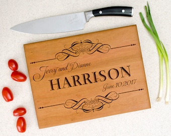 Personalized cutting board, wedding gift, custom cutting board, engraved cutting board, anniversary gift, first and last name with scrolls.