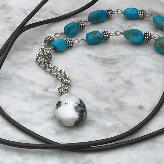 Leather - Turquoise - Sterling Silver Necklace - Southwestern Sundance Style - Artisan Jewelry