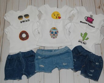 SALE-2 piece outfit-fits American Girl Doll clothes/18- inch doll clothes/denim shorts/doll tee/doll shirt/doll outifit