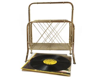 Vintage Metal Magazine Rack or Record Holder Faux Bamboo Mid Century Home Decor Gold Metal Wire Rack Living Room Wire Rack Record Storage