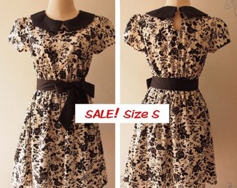 USD20 SALE -Size S- Black Dress Black Floral Dress Sundress with Collar and Sleeve Vintage Tea Party graduation Dress Modest Dress