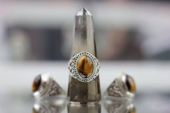STATEMENT TIGERSEYE RING - Sterling Silver Ring- Crystal Ring- Healing Crystal Jewellery- Tiger eye ring- Statement Ring- Boho- Vintage