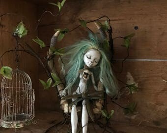 Dreamland art doll assemblage sculpture monster high repaint on deer antlers