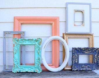 7 Open Frame Set- Navy Blue, Gold, Coral, Mint, Gray, White - Grey Navy Mint Frames - Picture Frame Set - Wedding - Nursery- Oval