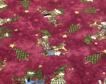 Christmas Elf Flannel, Burgundy Elf fabric, Christmas Tree Elf flannel, Elf on the Shelf, Holiday fabric, Maroon fabric, by the yard, Baby