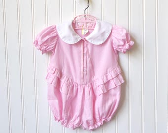 Vintage Baby Girl Clothes, Pink 70s 80s Ruffle Butt Romper, White Polka Dot Bubble, Short Sleeve Playsuit, Philippines, Reborn Doll Outfit