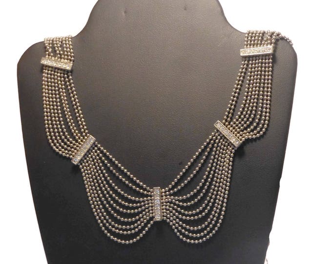 Chain rhinestone bib necklace, 9 strands of ball chain connected with rhinestone bars, swag choker, silver tone, extender choker or necklace