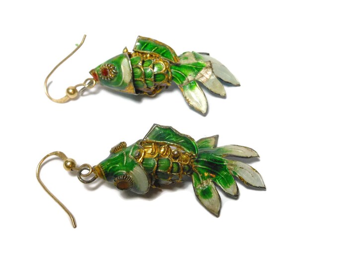 Enamel Koi fish earrings, Chinese good luck charm, green cloisonne fish, articulated moveable, pierced french hook, enamel rhinestone eyes