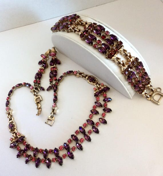 Barclay Necklace Bracelet Earrings - Purple Red Rhinestone - Jewelry Set - DemiParure - 50's Necklace Set