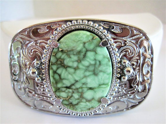 Green Agate Buckle - Silver Tone Metal - Belt Buckle - Men's Accessory - NOS