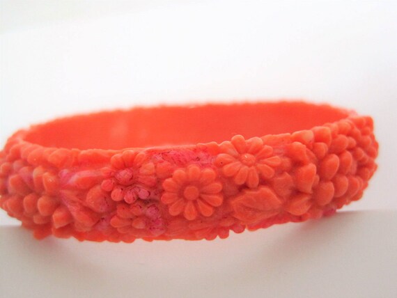 Coral Celluloid Bracelet - Deeply Carved - Floral Bangle - Art Deco Style