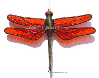 Orange Stained Glass DRAGONFLY Suncatcher, Orange Tangerine Wings, Textured, Handcast Metal Body, USA Hand-Made, Orange Dragonfly, Tangerin