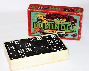 Vintage Set of 1950s Hal-San Double Nine Wooden Dominoes Game Set