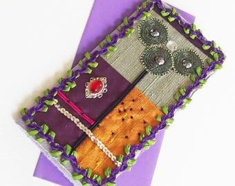 Belle Carte Voeux, Anniversaire, Félicitations - Les Fleurs Modernes - Tissu, broderie, sequins, cabochon - Création d'artiste, pièce unique