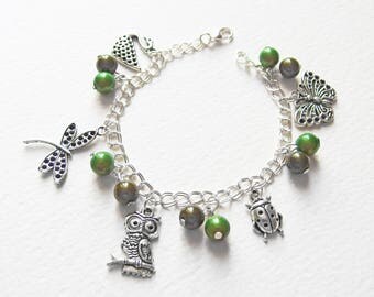 Bracelet Chaîne Gourmette - Métal argenté, breloques animaux, perles magiques, fermoir mousqueton - Bijou créateur, pièce unique