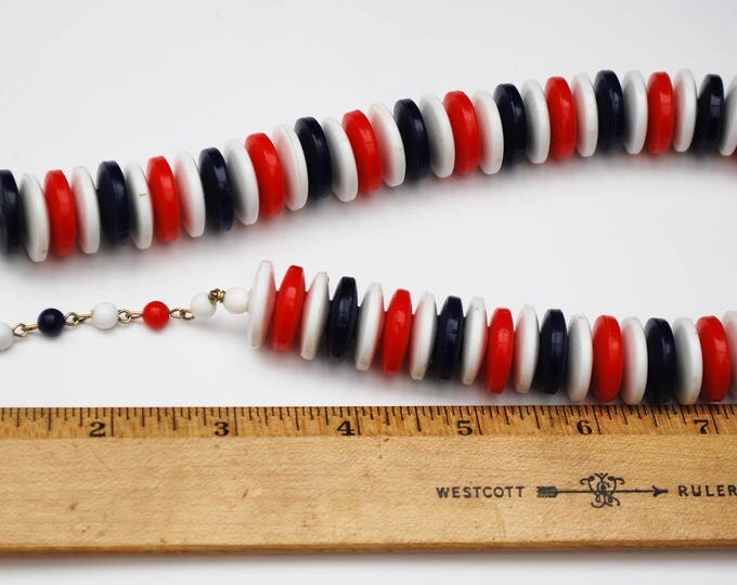 Red White Blue bead Necklace - Signed Hong Kong - Red White Blue Lucite disc Beads - Patriotic - Mid Century necklace