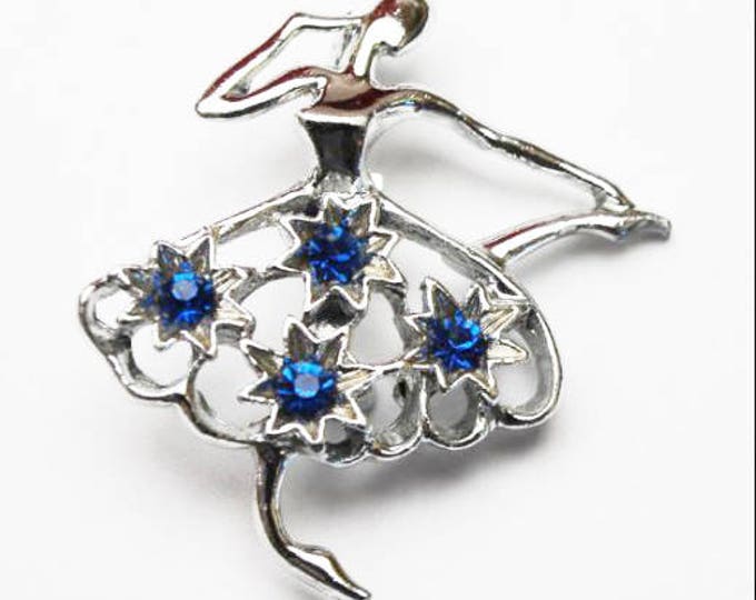 Ballerina brooch - Signed Gerry - Blue Rhinestones - Silver dancer figurine pin