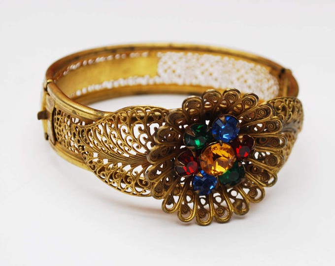 Art Deco Nouveau Gold Filigree Flower Bracelet - colorful Rhinestone - gold plated open work - Sliding Hinged Bangle